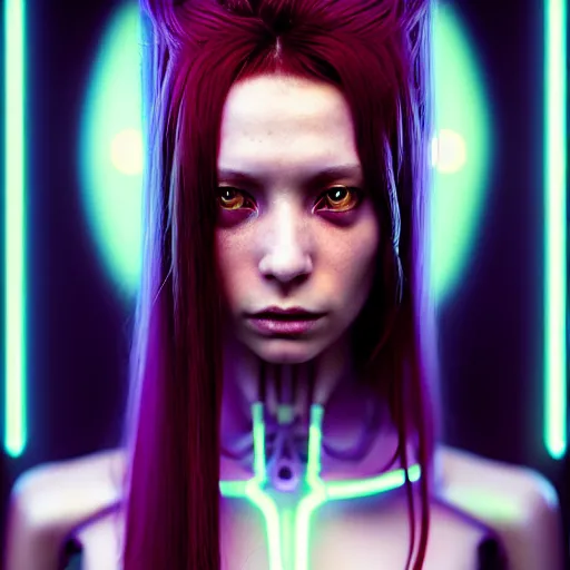 Image similar to a portrait of a beautiful young 28th century super cool post-human female with long neon like hair, barely human and largely biomechanical machine, hyper-realistic cyberpunk style, image by tom bagshaw , IKuvshinov Ily, photos by Annie Leibovitz, moody, models by 500px, dramatic cinematic lighting rendered by octane, 8k, detailed, intricate, clean and textures, trending on artstation, deviantart google images, pinterest