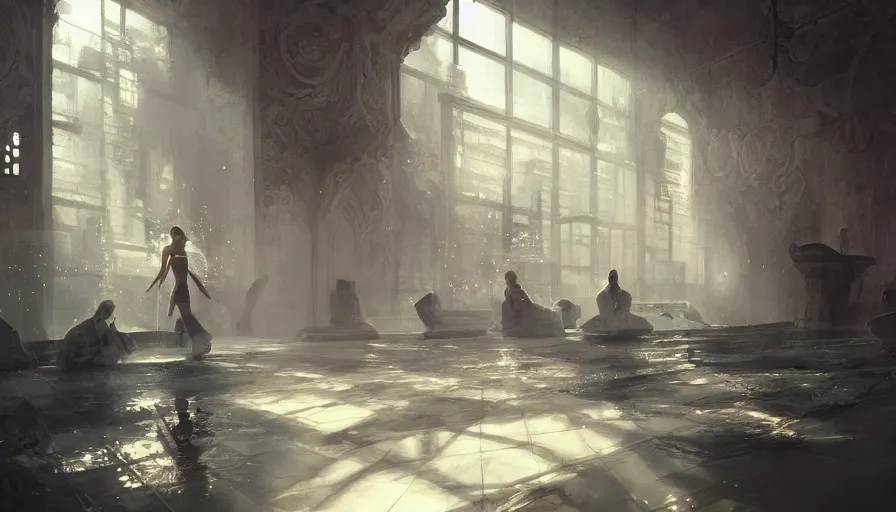 Image similar to bathhouse, light, shadows, reflections, epic composition, intricate, elegant, volumetric lighting, digital painting, highly detailed, artstation, sharp focus, illustration, concept art, wlop, artgerm, ruan jia, steve mccurry