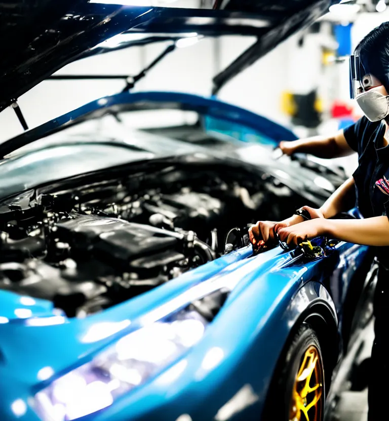 Image similar to a photo close up a female mechanic tuning the engine of a jdm supercar, wearing mask, japanese tuning garage, gunma prefecture, midnight, photorealistic, cinematic color, studio lighting, highly detailed, bokeh, style by tomino - sama