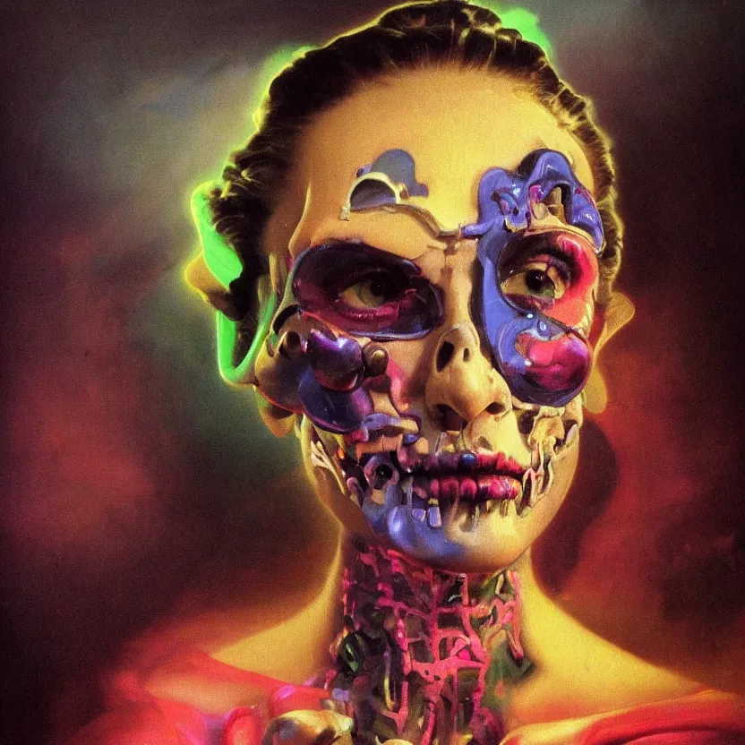 Prompt: a baroque neoclassicist close - up portrait of a colorful retrofuturistic blacklight uv cyborg figure, glowing fog in the background. renaissance portrait painting. highly detailed science fiction painting by norman rockwell, frank frazetta, and syd mead. day of the dead aesthetic. rich colors, high contrast, gloomy atmosphere, dark background. trending on artstation