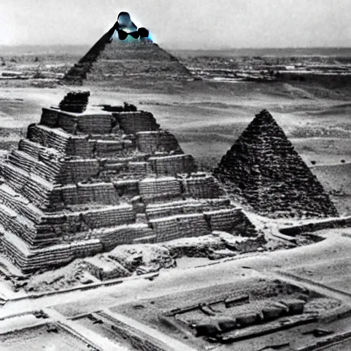 Prompt: egyptian pyramids under construction by an ancient racist alien