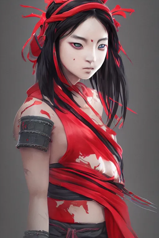 Prompt: full body native japanese young woman dressed like shinobi ninja, focused stare, partially masked, highly detailed, photobash, photorealistic render, trending on artstation, character design, red background, cinematic lighting