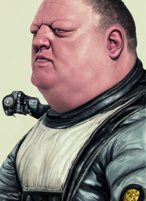 Prompt: upper body portrait of shaun ryder as baron harkonnen wearing a leather spacesuit and floating in space, by normal rockwell, photoreal, character concept art, artstation