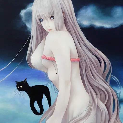 Prompt: young vampire and her black cat Portrait by Miho Hirano, full body ,manga, realistic, detailed, white, light pink tonalities, beautiful collage technique including clouds, sea, wind, ornate sea background, beautiful Fantasy detailed trending on artstation, oil painting,Dramatic lighting, eterea , high quality print, fine art with subtle redshift rendering