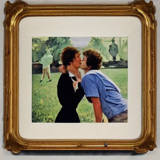 Prompt: lit with a bright flash that gives the young subjects the appearance of having been the unsuspecting subjects of late - night polaroid snapshots, a young couple with sport team jerseys on 1 9 8 0, in a natural kiss embrace, by mark tennant art, edouard manet, medium close up, photorealistic, small details using light, movement, and wide brushstrokes, impressionist