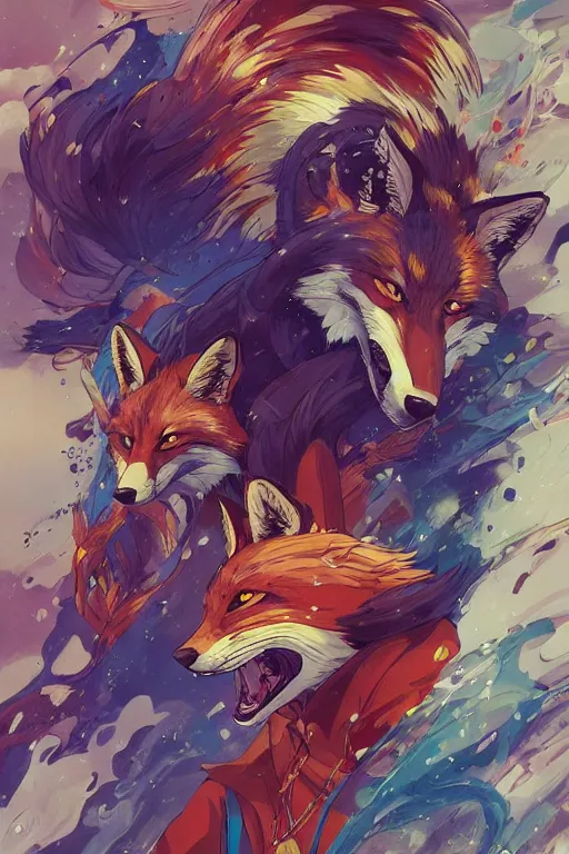 Image similar to maximalist intimidating fox, trending on pixiv fanbox, painted by makoto shinkai takashi takeuchi studio ghibli, akihiko yoshida, yoshitaka amano, wangechi mutu, clean cel shaded vector art. shutterstock. behance hd by lois van baarle, artgerm, helen huang, rossdraws, illustration