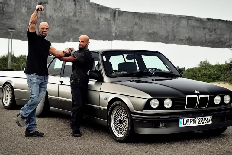 Image similar to Angry Jason Statham lifts BMW e30 that sits above him