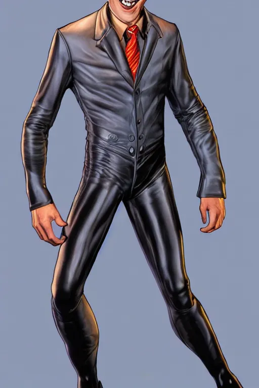 Image similar to full body 3 d model of a handsome young man with a sinister grin by brian bolland, rachel birkett, alex ross, and neal adams | dark, intimidating, imposing, portrait, character concept, concept art, unreal engine, finalrender, centered, deviantart, artgerm