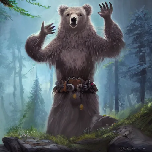 Image similar to elven druid summoning bears in the forest, d & d inspired, trending on artstation, ultra fine detailed, hyper detailed, hd, concept art, digital painting