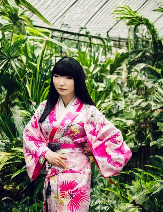 Prompt: photograph of a beautiful Japanese woman wearing a pretty kimono in a tropical greenhouse, by Annie Leibowiz, extremely detailed, large format camera, Fuji Provia, bokeh, blurred background, photorealistic, trending on artstation, trending on instagram