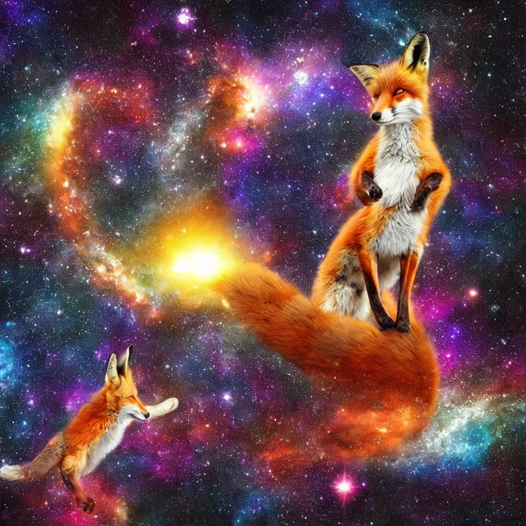 Image similar to a fox in a lake in space staring up at a galaxy, realistic, colorful