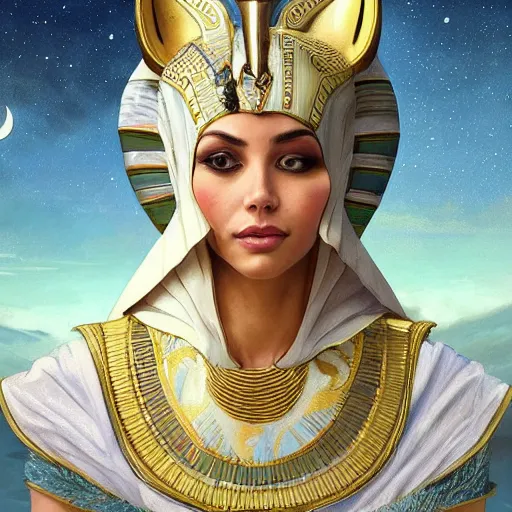 Image similar to Portrait of a cat dressed as a Pharaoh, moon in the background, intricate, elegant, highly detailed, digital painting, artstation, concept art, smooth, sharp focus, illustration, art by artgerm and greg rutkowski and alphonse mucha