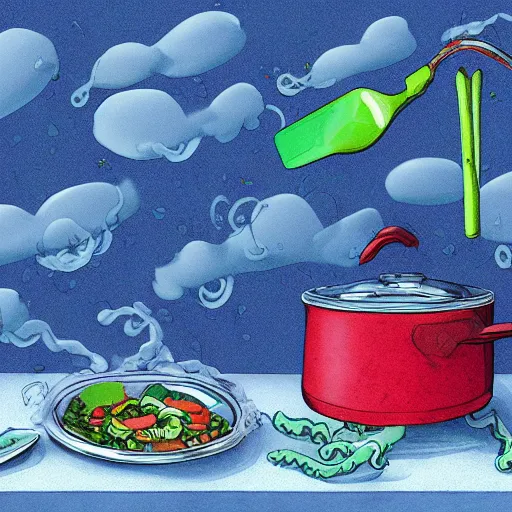 Prompt: octopus cooking soup among clouds, stirring a pot with a ladle and cutting vegetables, fantasy illustration, trending on artstation, deviantart, very realistic, 4k