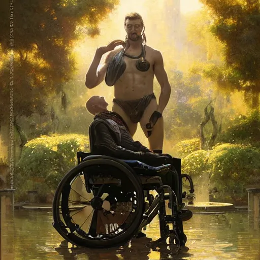 Image similar to handsome portrait of a wheelchair guy fitness posing, radiant light, caustics, war hero, smooth, one legged amputee, reflective water koi pond, lush garden surroundings, by gaston bussiere, bayard wu, greg rutkowski, giger, maxim verehin