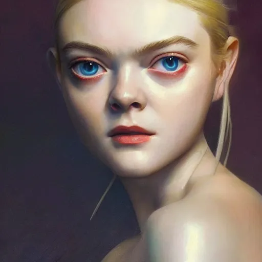 Image similar to ultra realistic portrait painting of elle fanning in ghost in the shell, art by frank frazetta, 4 k, ultra realistic, highly detailed, epic lighting