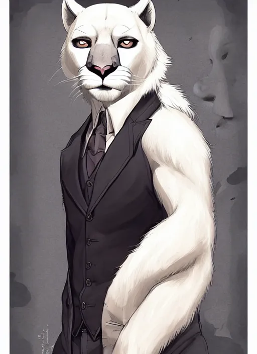 Image similar to beautiful portrait commission of a male furry anthro albino mountain lion wearing a dress shirt in an old-timey Saloon. Atmospheric. Character design by charlie bowater, ross tran, artgerm, and makoto shinkai, detailed, inked, western comic book art