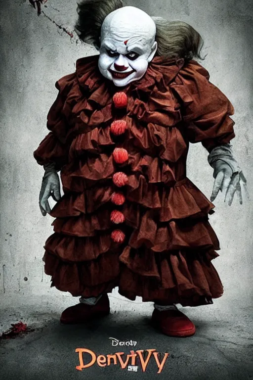 Image similar to ' danny devito as pennywise, it 2 0 1 7, andy muschietti. poster, movie poster, sharp, coherent, clean, artistic, award winning poster!!!!!!!