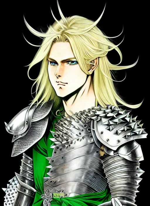 Image similar to a detailed manga full body portrait illustration of a man with long blonde hair and blue eyes wearing evil green spiked armour by hirohiko araki and alphonse mucha, detailed artwork, realism, 4 k resolution, detailed, high quality, sharp focus, hq artwork, insane detail, volumetric lighting, character concept art, fine details, clear subject, central subject