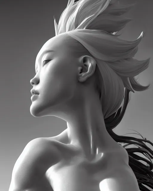 Prompt: dreamy, monochrome, subsurface scattering, white, cyborg goddess in cosmos, black and white, octane render, photo - realistic, cgsociety, fenghua zhong, makoto shinkai, james jean, justin gerard, highly detailed, rim light, art, cinematic lighting, very coherent, hyper realism, 8 k