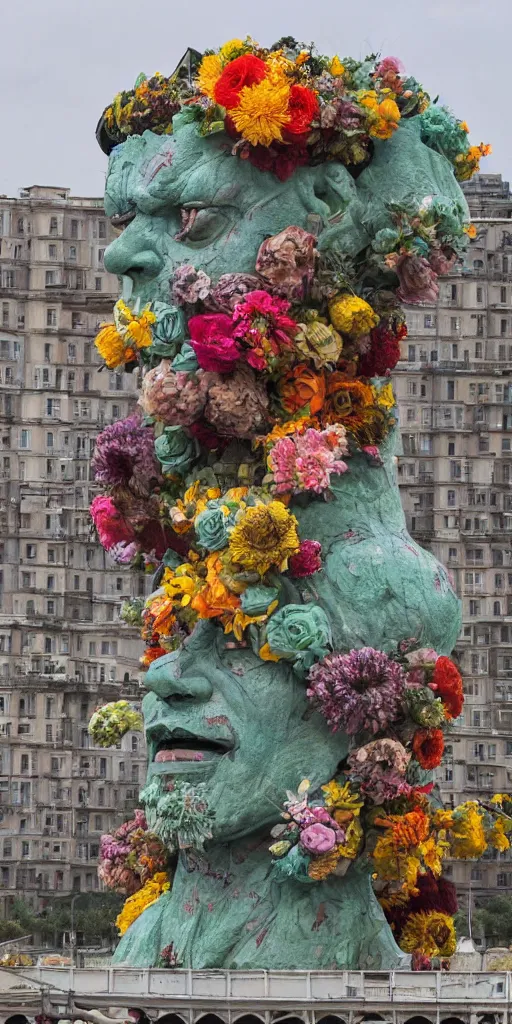 Prompt: colossal grotesque flower statue made from Lenin heads and colorful alien flowers in the middle of abandoned early soviet constructivist cityscape, Stalinist architecture, ultradetailed by Hayao Miyazaki and Josan Gonzalez and Makoto Shinkai and Giuseppe Arcimboldo and Wes Anderson