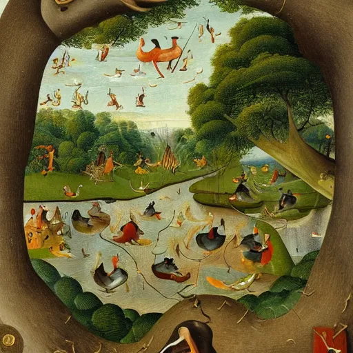 Image similar to An intricate, extremely detailed painting in a style of Hieronim Bosch featuring a river in Europe, surrounded by trees and fields. A duck is slowly moving through the water. Sun is shining.