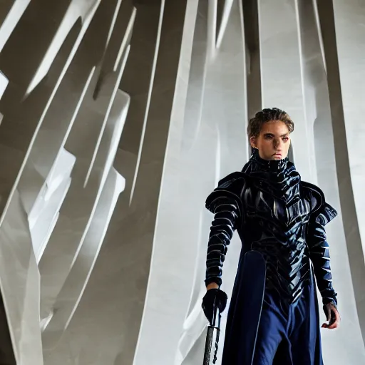 Image similar to low angle shot of austin Butler dressed in futuristic-baroque dark dark blue duelist-garb and nanocarbon-armor, standing in an arena in Dune 2020, XF IQ4, f/1.4, ISO 200, 1/160s, 8K, RAW, unedited, symmetrical balance, face in-frame