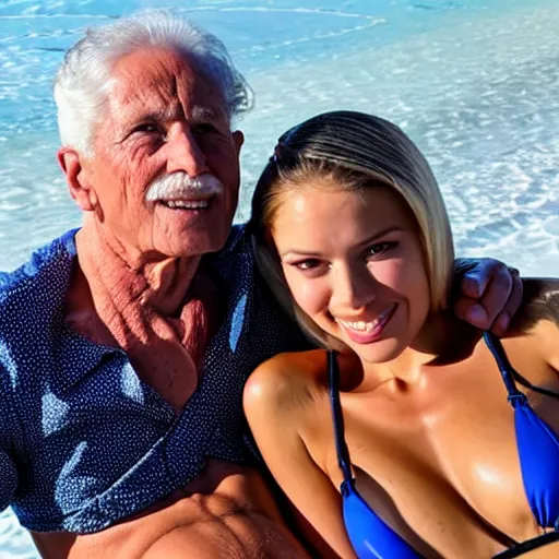 Image similar to photo of a 7 0 year old man that looks young for his age dating a very attractive and completely legal 1 8 year old woman wearing a bikini.