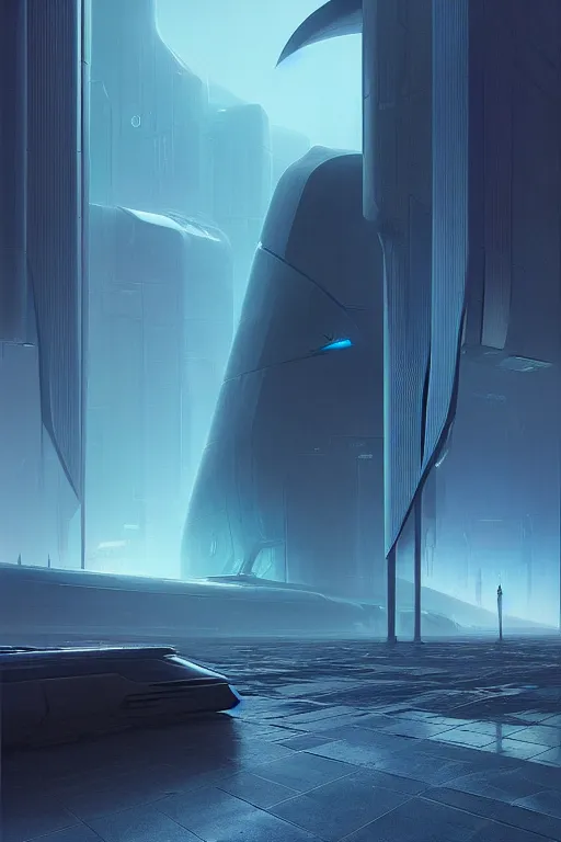 Image similar to emissary futuristic downtown by tim blandin and arthur haas and bruce pennington and john schoenherr, cinematic matte painting, zaha hadid building, photo realism, dark moody color palate, blue hour stars, desolate glacial landscape,