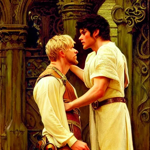 Image similar to attractive, arthur pendragon in love with attractive male, merlin the mage. highly detailed painting by gaston bussiere, craig mullins, j. c. leyendecker