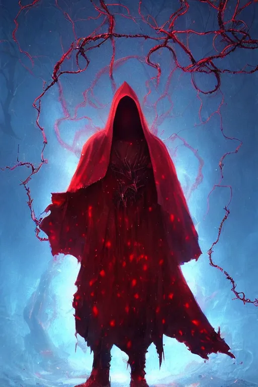 Prompt: A full body portrait of a mysterious sorcerer, with no face with a very long hooded red and blue cloak, thorny vines coming out the ground art by Maciej Kuciara and Jason Chan, ominous, cosmic horror, trending on artstation, Ultra detailed, hyper realistic 4k