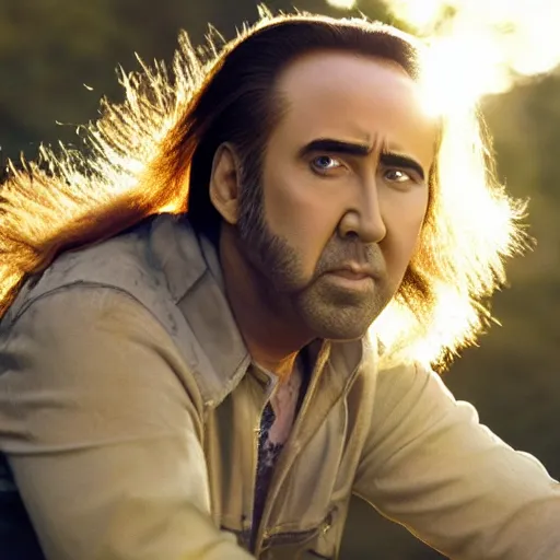 Image similar to Nicolas Cage with golden hair riding into the sunset, golden hour, heavenly lighting, dramatic