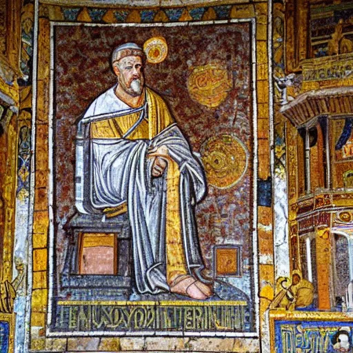Prompt: Emperor Justinianus in the Basilica of San Vitale, 547 AD; in Ravenna - Mosaics (late Roman and Byzantine architecture), Emilia-Romagna - Northern Italy. UNESCO World Heritage Site