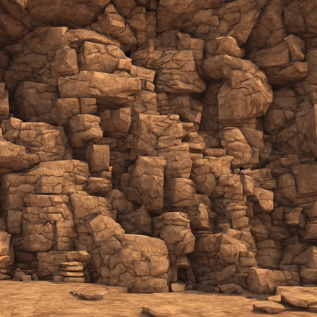 Prompt: stone temple at the base of a sheer sandstone cliff, photorealistic, environment concept, artstation, concept art, game art, landscape, 3 5 mm, desert