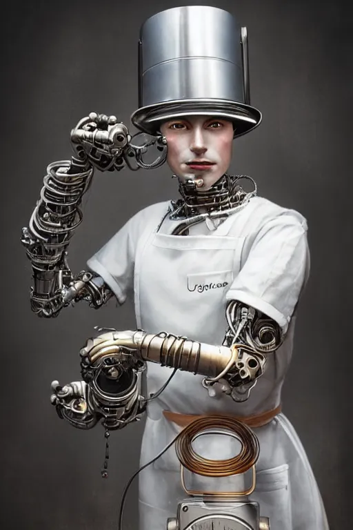 Prompt: a beautiful ultradetailed vintage photo of a futuristic cybernetic cyborg male wearing a tall white chef hat and an apron, by tom bagshaw and anna dittman, portrait, 3 5 mm lens, golden ratio composition, detailed face, studio photography, very detailed, humanoids, industrial robots, artstation, 8 k, highly coherent