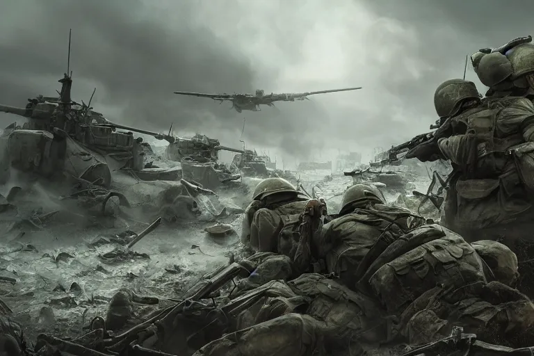 Image similar to painting of world war 3, concept art, intricate details, eerie, highly detailed, photorealistic, octane render, 8 k, unreal engine.