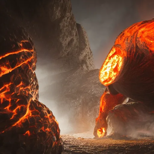 Image similar to a large, muscular, standing, humanoid, lava rock, magma, fire golem creature, burning eyes, exaggerated perspective, unreal engine, 3 5 mm pointing up