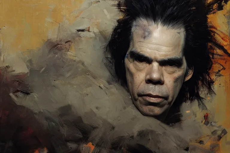 Prompt: a portrait of nick cave, masterpiece, dramatic lighting, painting by ruan jia and jakub rebelka