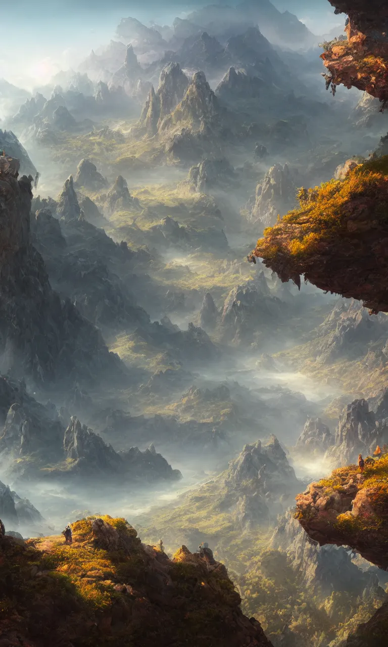 Image similar to an oil art close - up centered view from a cliff looking out to a fantasy mountain landscape, 4 k, ultra detail, volumetric lighting, unreal engine, octane render, tom bagshaw, andreas rocha