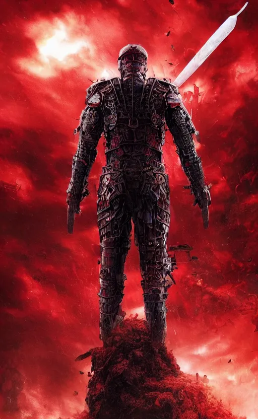 Image similar to a distant armored warrior with a sword, a sea of red thread in the background, dark shapes in the background, cinematic, highly detailed, movie poster