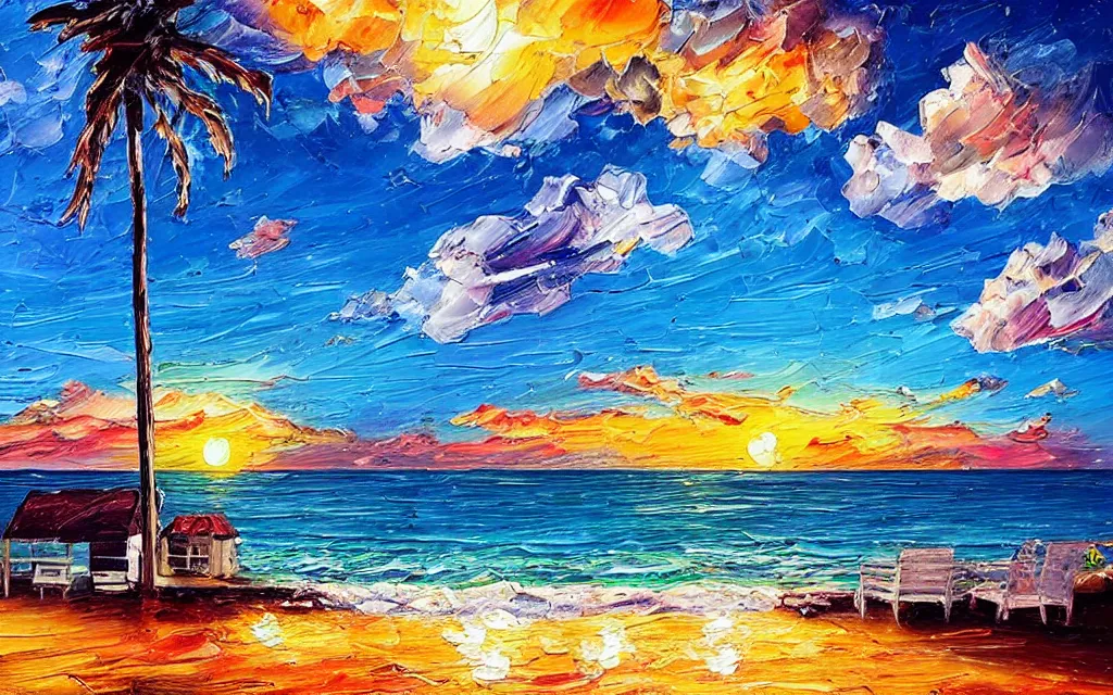 Prompt: in a big sea is a small island with a cute cozy cottage on it and a paved courtyard with benches and string lights, palm trees, sunset, puffy clouds, dramatic and dynamic lighting, thick brush strokes oil impasto painting