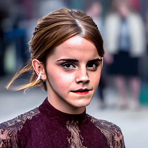 Image similar to Emma Watson gasping in excitement, (EOS 5DS R, ISO100, f/8, 1/125, 84mm, postprocessed, crisp face, facial features)