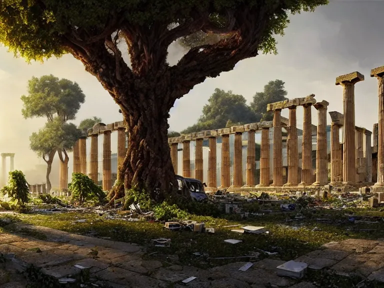 Image similar to tree growing in ancient greek ruins, gray wasteland, many scrap cars, plastic waste, rubble, pillars, flowers, vines, hyperrealistic, highly detailed, cinematic, single ray of golden sunlight, beautiful, cgssociety, artstation, 8 k, oil painting by greg rutkowski, by artgerm, by wlop