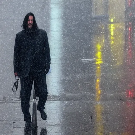 Prompt: keanu reeves walking in the rain on a reflective city street near a red flashing street light, highly detailed face and reflections misty dark