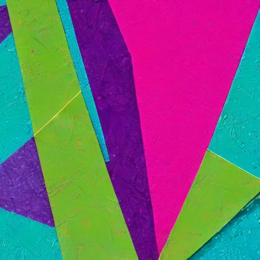 Image similar to abstract paper collage in hot pink, lime green, and purple; highly detailed; torn edges