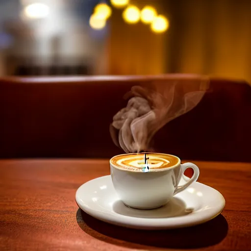 Image similar to realistic detailed photo of a steaming cup of coffee on a saucer with a flaky pastry on the side and a coffee spoon next to it on the table in a hotel lobby, liminal, hdr, volumetric lighting, dim light, diffuse light, depth of field