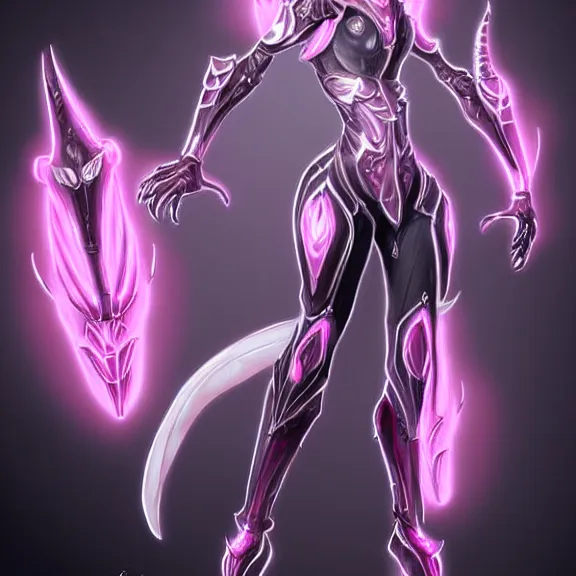 Image similar to highly detailed exquisite fanart, of a beautiful female warframe, but as an anthropomorphic elegant robot female dragoness, robot dragon head with glowing eyes shiny and smooth off-white plated armor, bright Fuchsia skin beneath the armor, sharp claws, long sleek tail behind, robot dragon hands and feet, standing elegant pose, close-up shot, full body shot, epic cinematic shot, professional digital art, high end digital art, singular, realistic, DeviantArt, artstation, Furaffinity, 8k HD render, epic lighting, depth of field