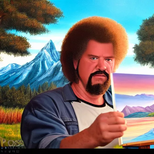 Image similar to a closeup photorealistic photograph of bob ross completing a canvas painting of kenny powers. mountains and trees. film still. brightly lit scene. this 4 k hd image is trending on artstation, featured on behance, well - rendered, extra crisp, features intricate detail, epic composition and the style of unreal engine.