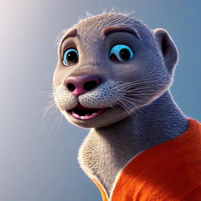 Image similar to portrait of a gray otter with turquoise hair and orange nose in the style of zootopia. volumetric lighting, subsurface scattering, hyperrealistic, octane render, hyperdetailed