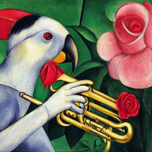 Prompt: cockatoo holding a trumpet, sitting in the rose garden, medieval portrait, by franz marc, cubism, close up