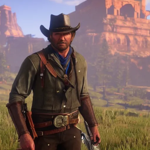 Image similar to A still of Arthur Morgan from Red Dead Redemption 2 in The Legend of Zelda: Breath of the Wild